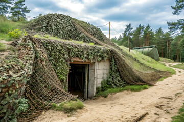 A camouflaged, abandoned military bunker, built into a hill and concealed by mesh and foliage. Survival concept