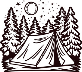 Hand drawn camping tent in forest under starry night sky with moon and tall pine trees illustration