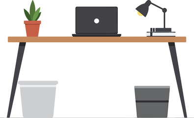 Modern Minimalist Home Office Desk Setup Laptop, Plant, Lamp