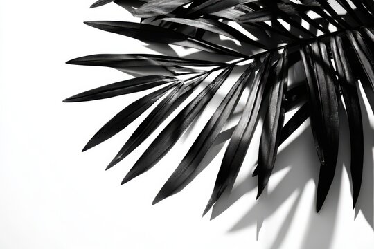 Shadows of palm leaves isolated on white background. A black leafy plant with a white background. The leaf is very thin and long.