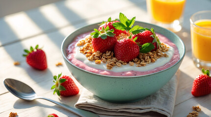 diet breakfast scene featuring granola cereal bowl topped with strawberries paired with orange juice on white modern table for health marketing visuals food photography wallpaper background