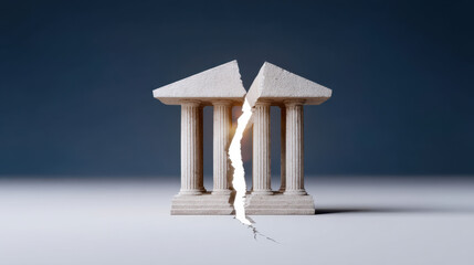 Broken classical building with columns and triangular pediment, split in half with jagged crack, symbolizing division or conflict, with subtle glow behind break, on plain background