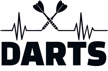 Heartbeat line intertwined with crossed darts above bold text reading "Darts" in black and white