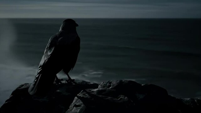 crow clip - A solitary raven perched on a rocky cliff, silhouetted against a moody ocean backdrop, capturing the essence of solitude and nature's beauty