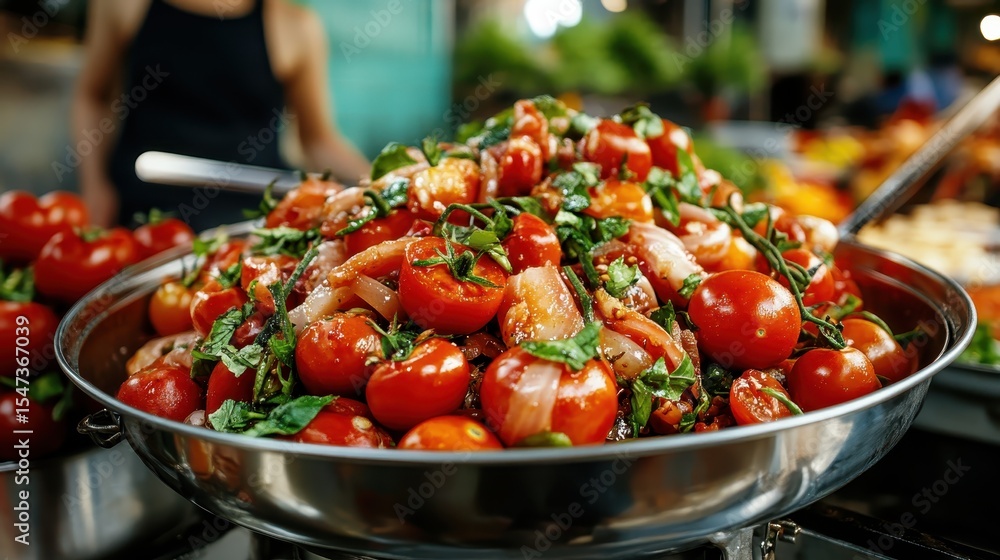 Poster a colorful array of ripe tomatoes mixed with fresh herbs in a market display represents healthy eati