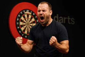 Man celebrating victory in darts competition with passionate expression