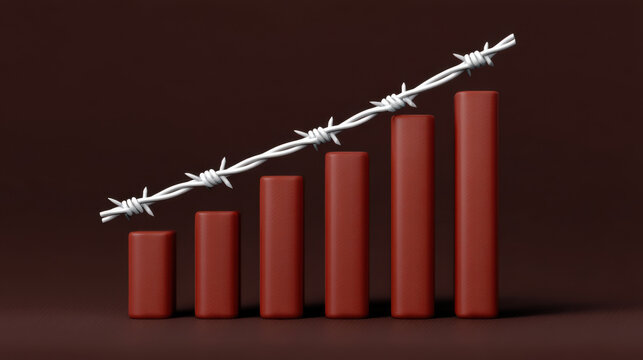 Bar graph with increasing height bars and barbed wire crossing over top, symbolizing growth and restriction, dark background. image conveys themes of progress, barriers, and challenges development