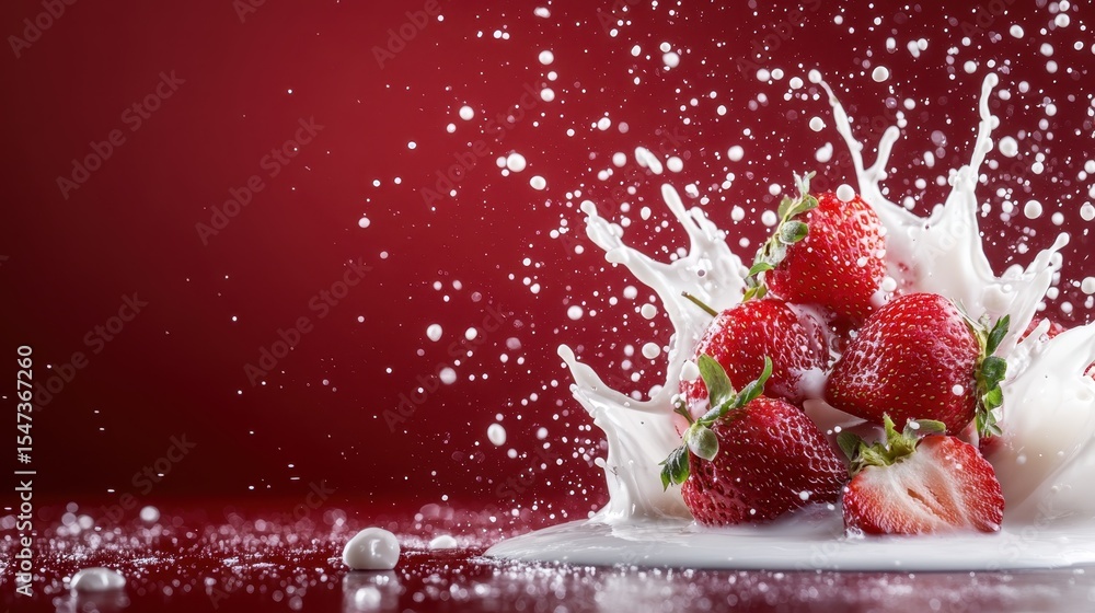 Poster a vibrant moment captured with strawberries splashing into milk, producing mesmerizing patterns and 