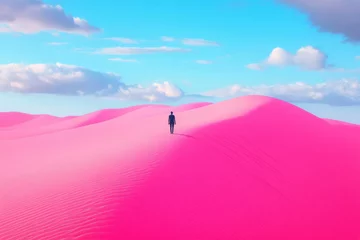 Gordijnen A person is walking across a pink sand dune. Solitude within a vibrant and colorful landscape. A deep contemplation on a pink dune. © Usub