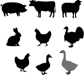 Obraz premium Collection of silhouettes of farm animals - cow, pig, sheep, rabbit, chicken, duck, turkey, goose. Animals side view. Illustration on transparent background. EPS 10 version.