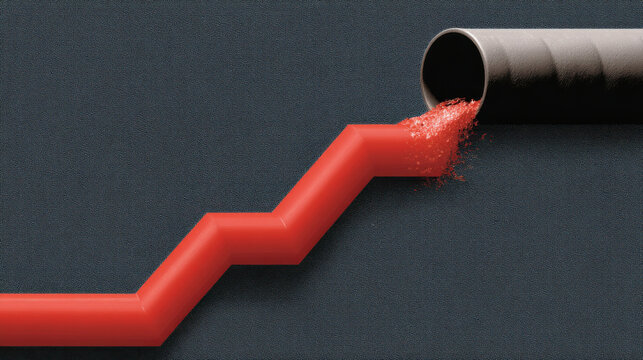 Red arrow shaped pipe with red powder spilling out, symbolizing growth or increase, on dark textured background. image suggests concepts of progress, data, or economic rise