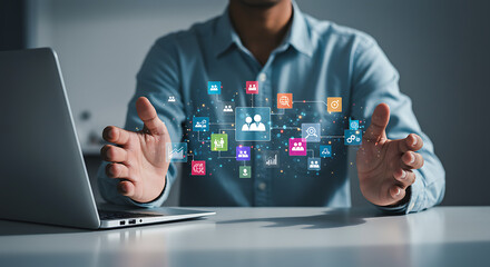Persons Hands Gently Holding a Network of Colorful Digital Icons.