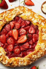 Close-up of shortcrust pastry galette with strawberry filling on cracked white tile background. Round fruit pie with almond petals sprinkle. Fresh berries lie next to the pie. Top view
