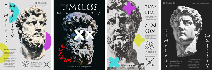 Ancient marble busts with vibrant modern accents, Timeless Majesty, Ancient Marble Titan Art