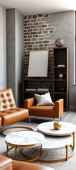 Fototapeta premium a modern living room with a tan leather armchair