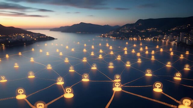 Glowing Digital Network Nodes Floating on Water Surface in Coastal City at Dusk with Mountains and Reflections

