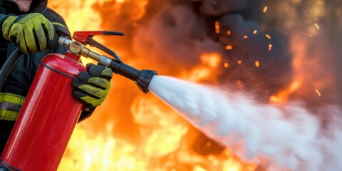 Firefighter Using Fire Extinguisher to Put Out Fire