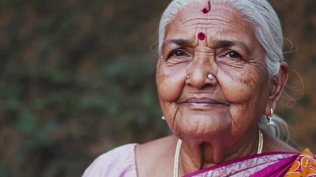 Senior Indian woman wearing traditional clothing and ornate jewelry, expressing nuanced emotions reflecting deep cultural heritage and accumulated life wisdom