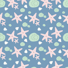 Hand draw cute sea animal on a blue background. Seamless pattern art, starfish, and shell for clothing, fabric, wallpaper, backdrop, home decoration, cover book, and wall art.