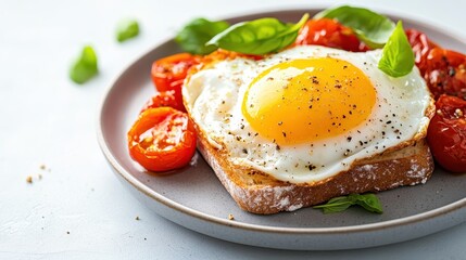 An appetizing plate featuring a fried egg on toast, surrounded by crispy roasted tomatoes and fresh basil leaves that highlight a healthy breakfast choice.