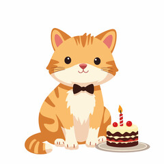 Obraz premium Cute orange tabby cat wearing bow tie next to birthday cake. Adorable feline friend celebrates birthday with delicious layered cake and single candle.