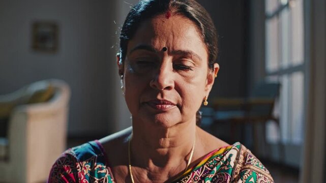 Mature Indian woman in vibrant sari expressing subtle emotions, revealing cultural complexity through nuanced facial gestures within softly lit traditional interior