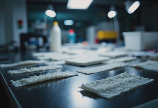 Test strips for technical textiles illuminated under laboratory lamps