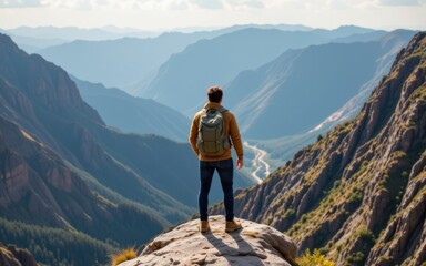 Fototapeta premium A person gazes over a breathtaking mountain landscape.