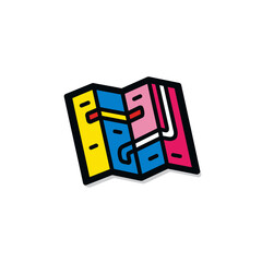Folded map depicts routes in colorful graphic travel icon