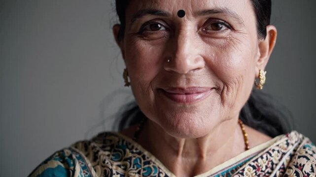 Senior Indian woman wearing vibrant silk sari, traditional bindi adorning forehead, smiling softly with gentle wisdom against muted gray background, embodying cultural serenity