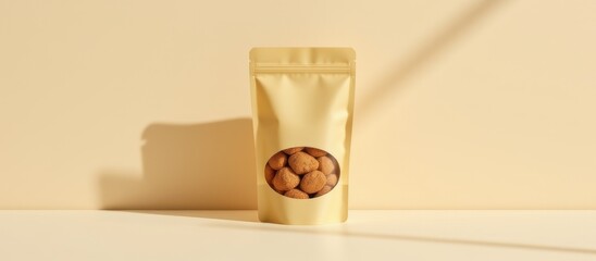 Golden packaging with a circular design on a minimalist background.