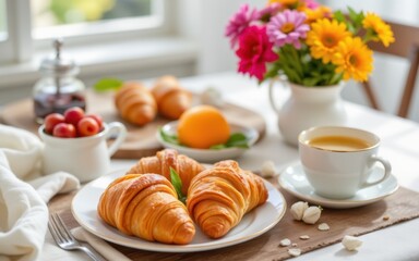 Delicious breakfast with croissants, tea, and fresh flowers.