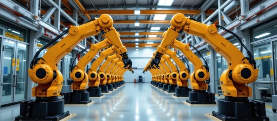 Industrial robots lined up in a modern manufacturing facility.
