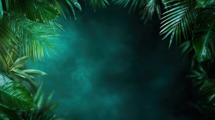 A stunning backdrop of vibrant tropical leaves framed against a mystic, moody atmosphere, perfect for evoking a sense of nature's beauty and tranquility.