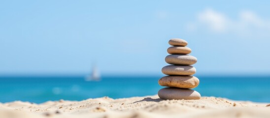 Stacked stones on a beach with a blurred ocean background.