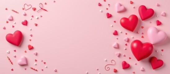 Colorful heart decorations on a pink background for Valentine's Day.