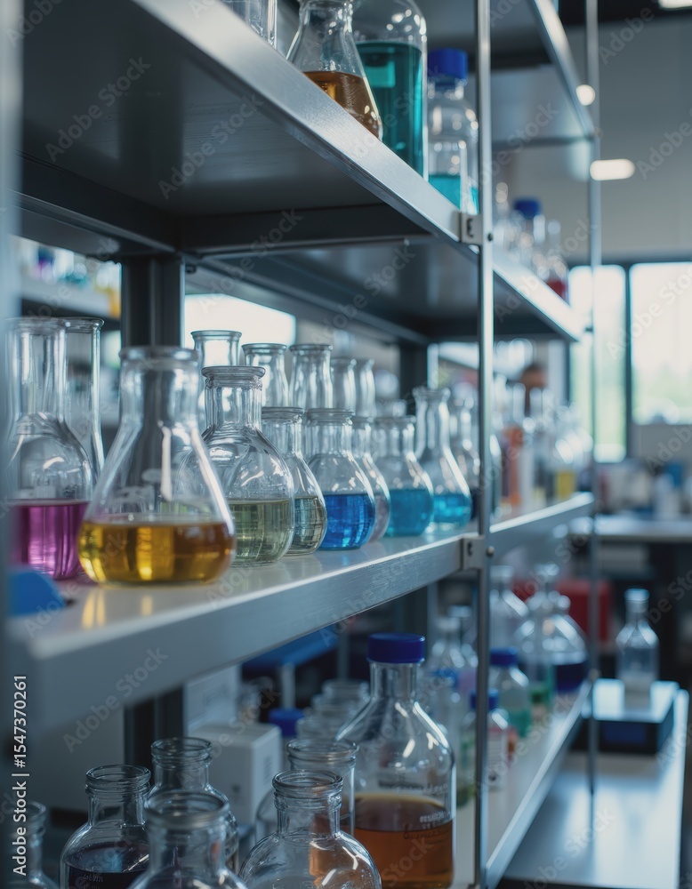 Poster bright clean laboratory with rows of colorful canisters and flasks