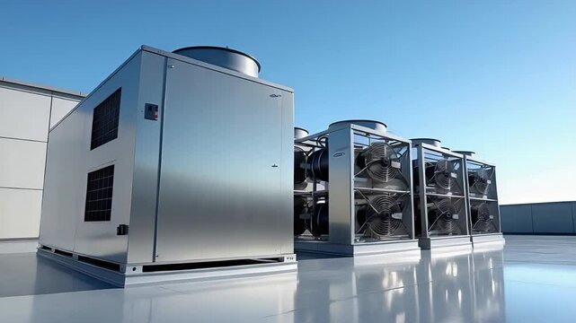 Modern Industrial HVAC Units Installed on Building Rooftop under Clear Blue Sky for Efficient Climate Control and Ventilation

