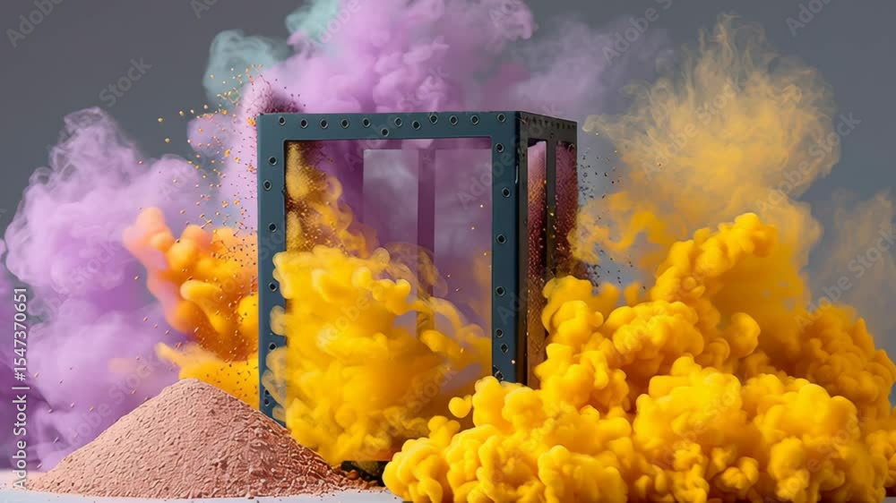 Poster colorful smoke explosion with vibrant yellow and purple hues surrounding a geometric frame, creating