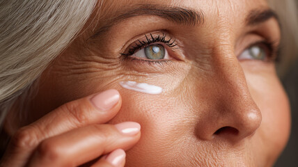 Naklejka premium Aging woman applying moisturizing cream on her face with visible wrinkles and natural skin texture in close up
