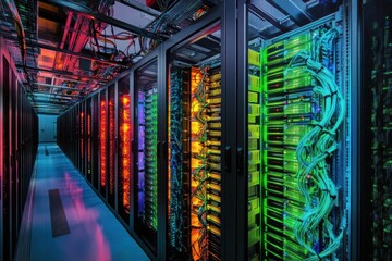 A futuristic cityscape with neon lights and a tunnel. The interior of a large modern server room in a futuristic neon light, Cloud data storage or data center.