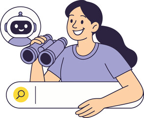 Search Woman with Binoculars and Robot Vector Illustration