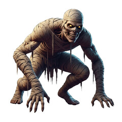 Creepy mummy monster crouching isolated on transparent background