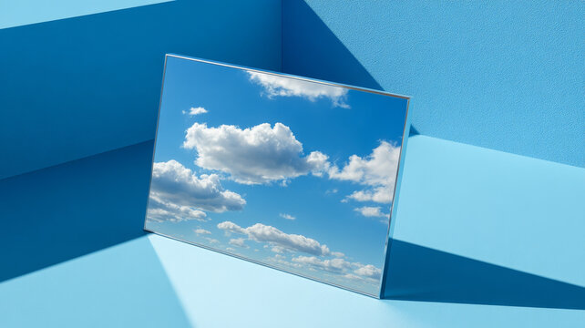 Blue sky cloud reflection in mirror with blue wall and floor background creating calm mood