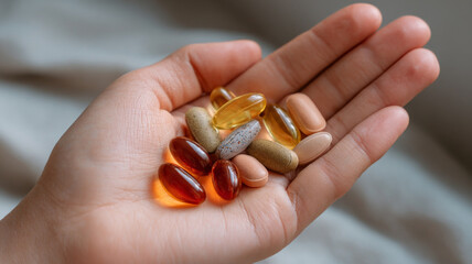 Hand holding various colorful supplement capsules and tablets, symbolizing health and wellness care
