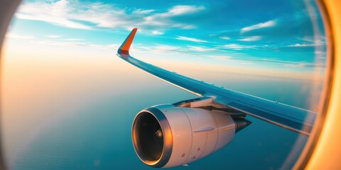 Airplane Wing and Engine Over Clouds at Sunset