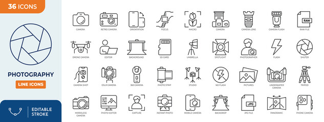 Photography line editable icon set. Containing photograph symbol, photo, camera, photographer, video camera, and more. Editable stroke. Vector illustration © Cetacons