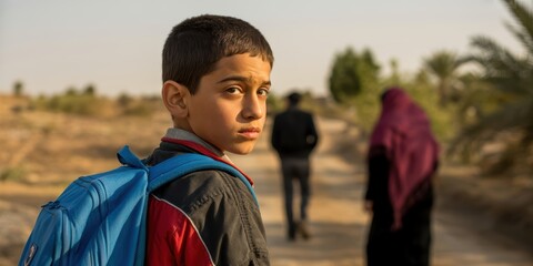 Boy with Backpack Looking Back on a Desert Road