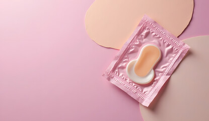 Elegant top-view of sealed condom packet centered on dreamy pastel pink, beige, and blue abstract background, symbolizing modern love, romance, and safe sex with a gentle aesthetic narrative