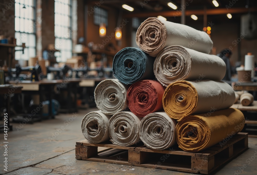 Poster bundles of raw textiles stacked for processing in a textile workshop